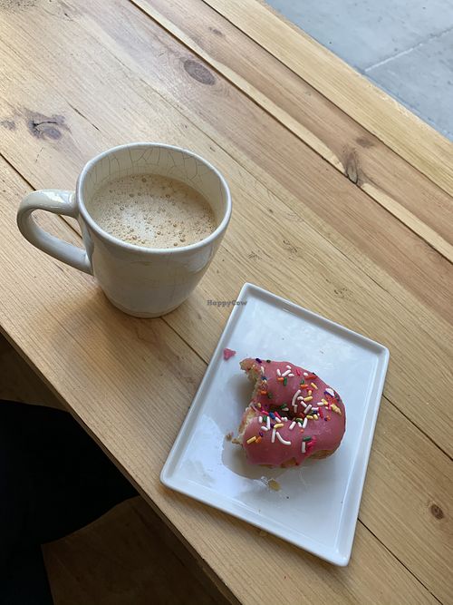 Oat milk coffee latte and The Homer 🍩  at Sunshine Cafe in San Francisco