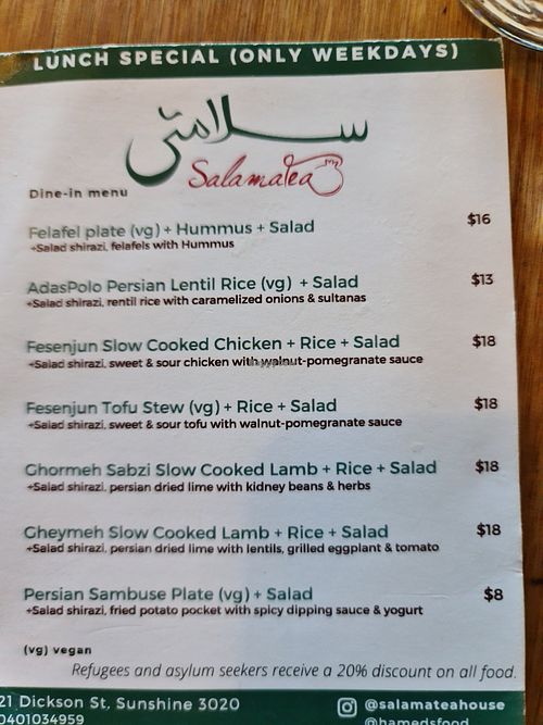 Lunch specials at Cafe Sunshine & Salama Tea in Sunshine