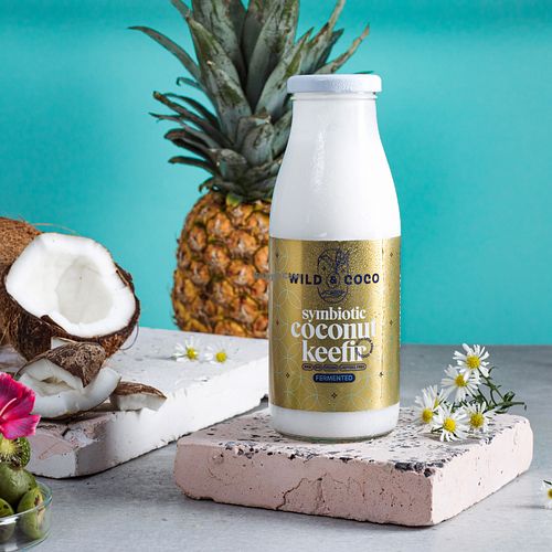 Product is a 100% raw probiotic alternative to a milk kefir made from young coconut water and young coconut pulp. Fermented by 24 probiotic strains.  at Wild & Cultured in Berlin