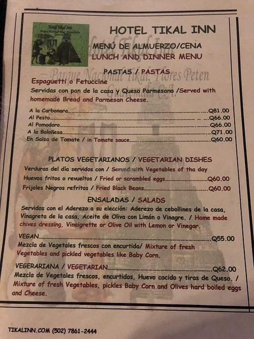 Vegetarian section of menu at Hotel Tikal Inn in Tikal