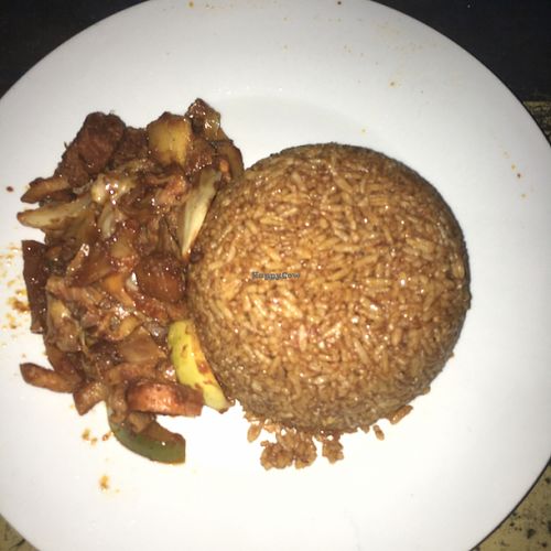 Jollof rice with mushrooms and tofu at The Rising Phoenix in Accra