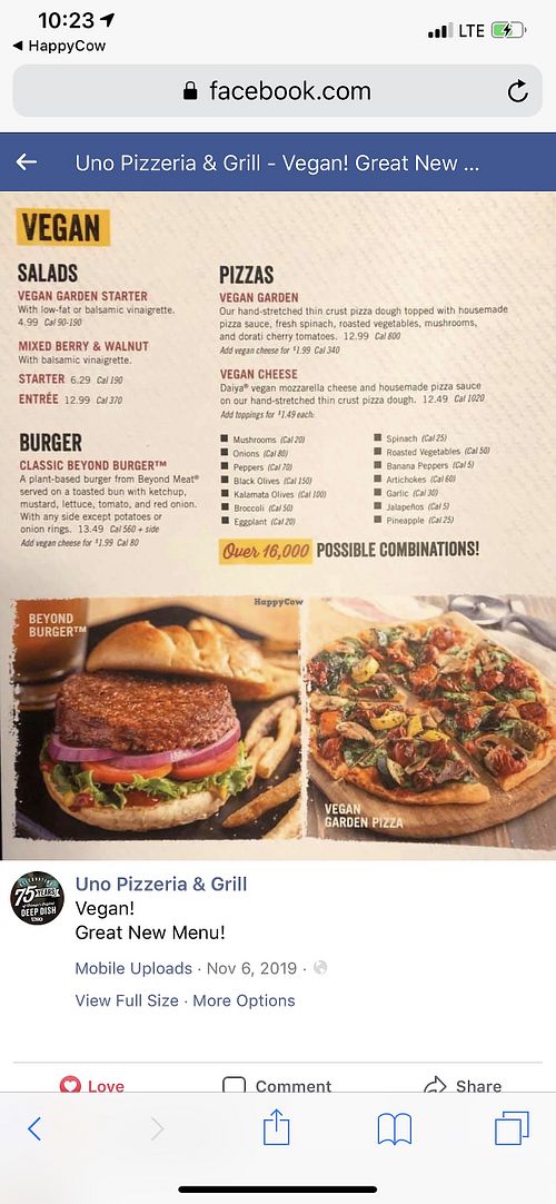 Vegan Menu from their FB page at UNO Pizzeria in Fort Worth