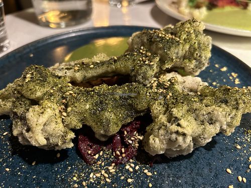 Tender stem Broccoli Tempura (VG)
Corn Bread, Nettle Velouté, Beetroot XO  at Glas Restaurant in Dublin