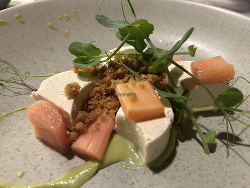 Elderflower Panna Cotta (VG)
Pea Gel, Poached Rhubarb, Chamomile & Brioche Crumble  at Glas Restaurant in Dublin