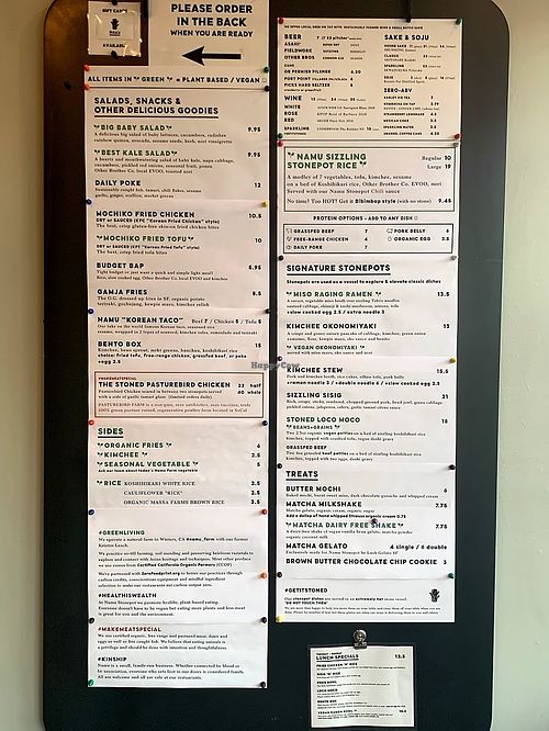 Menu: Plant Based / Vegan clearly marked in GREEN at Namu Stonepot in San Francisco