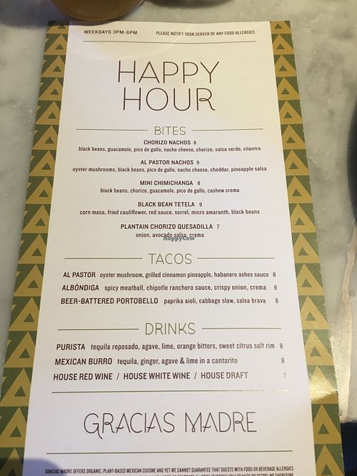 Happy Hour Menu at Gracias Madre in Newport Beach