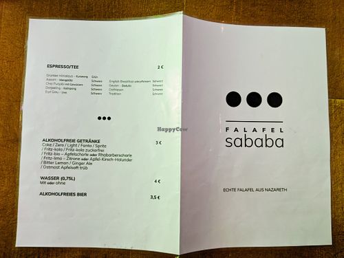 Menu (outside pages) at Falafel Sababa at Falafel Sababa in Berlin