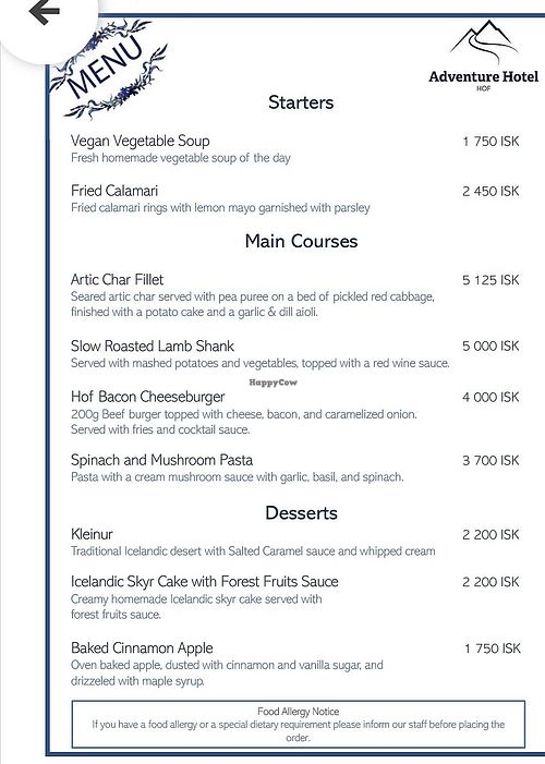 Menu. The vegetable soup and baked apple were both vegan at Adventure Hotel Hof in Hof