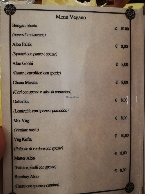 Vegan menue at Mother India in Rome