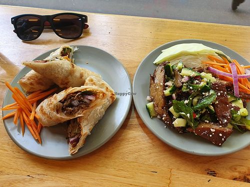 Lamb sliders (left) and duck salad (right) at Madame K's Vegan- CBD in Melbourne