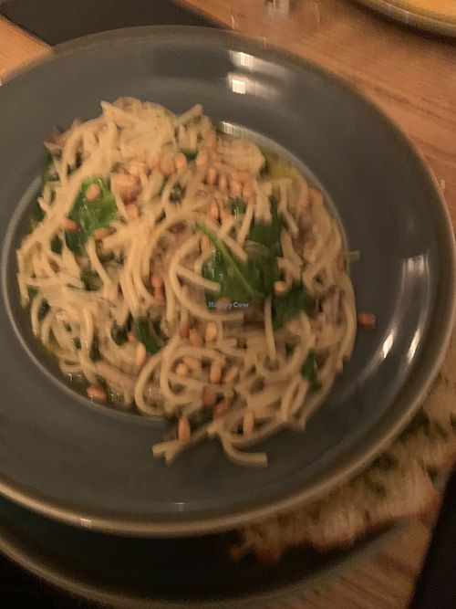 Vegan carbonara with parsley bread (sorry it’s blurry)  at The Black Bull in Cornhill-on-tweed