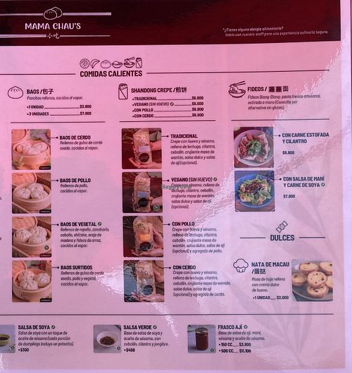Menu  at Mama Chau's in Santiago