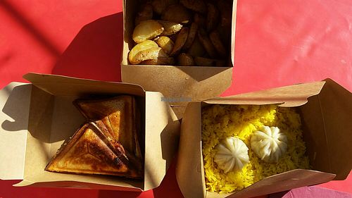 Cheese, onion & beans Sandwich; twice cooked potato chips & Momos on Rice. at Mugs and Momos in Cardiff