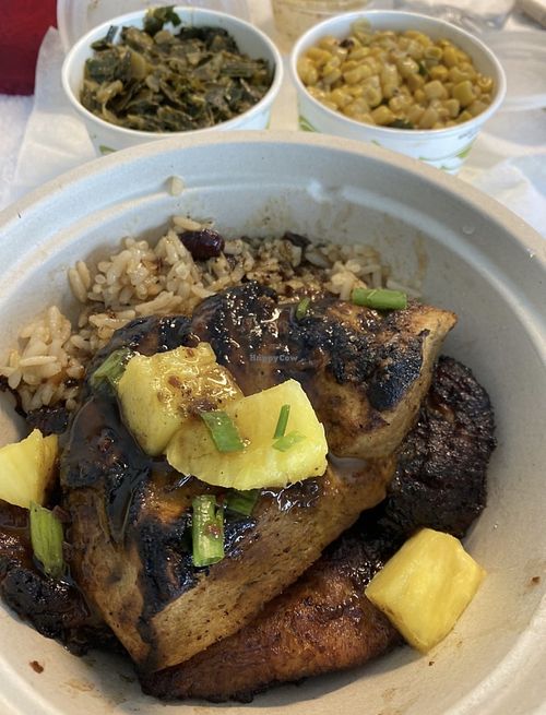 Vegan jerk chicken, rice and peas, greens, corn   at Soul Bowl in Minneapolis