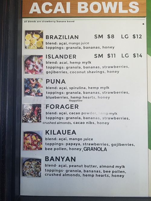 Acai bowl menu at Basik Acai in Kailua Kona