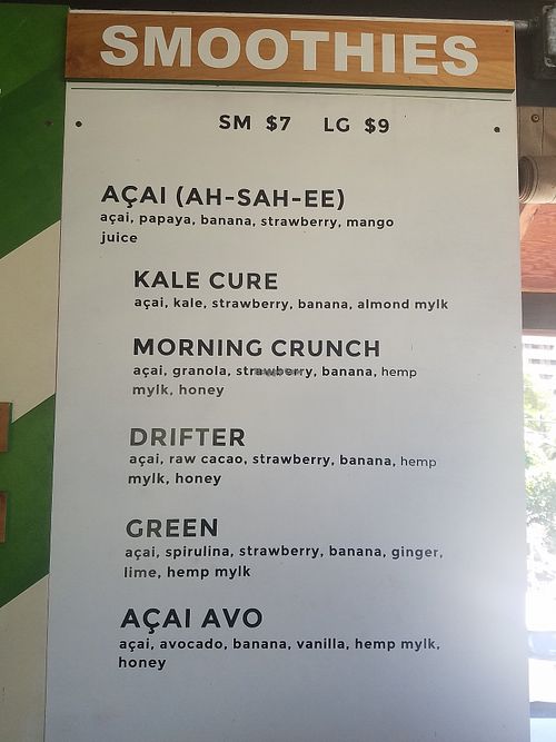 Smoothie menu at Basik Acai in Kailua Kona