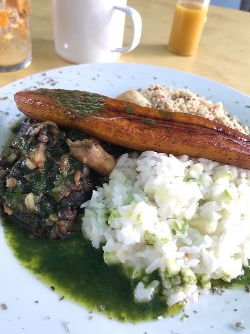 Vegan “mushroom fish” with jambu rice. at Jamburita in Brasilia