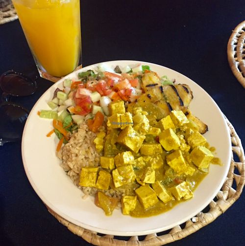 tofu Caribbean curry with plantain, salads and fresh squeezed juice at The Good Life in Bridgetown