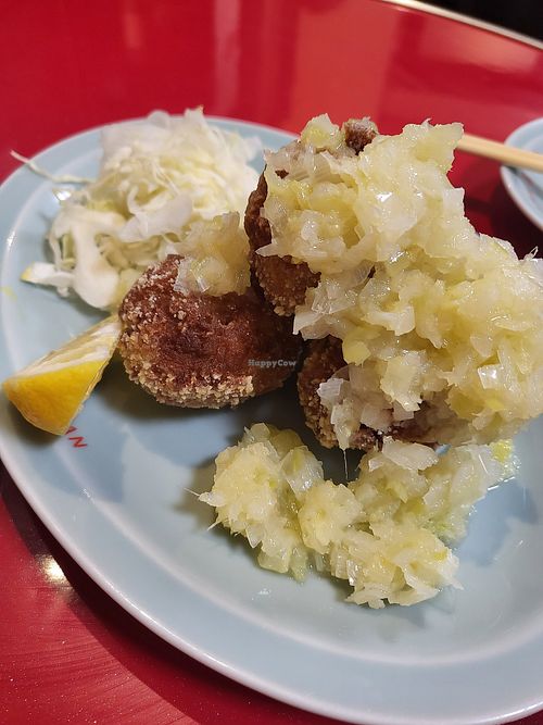 Vegan karaage with green onion lemon sauce at Izakaya Masaka in Tokyo