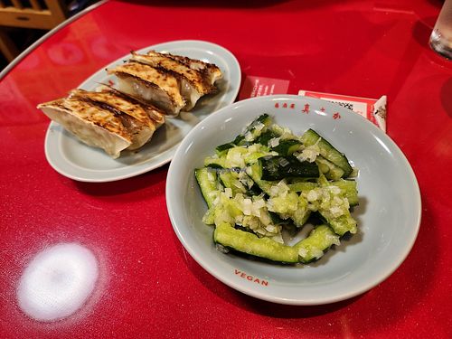 Gyoza and cucumber at Izakaya Masaka in Tokyo