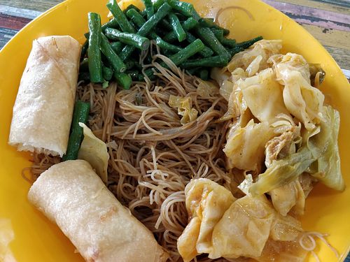 Economic bee hoon with curry vegetables, long beans and fried spring roll at Kwan Inn Vegetarian 观音斋 - Corporation  in West Singapore