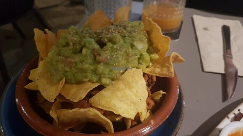 Nachos with guacamole and vegan chili (minus the cheese) at Blat al Sac in Mallorca