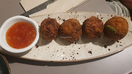 Spinach, apple and coconut milk croquettes with sweet chilli sauce at Blat al Sac in Mallorca