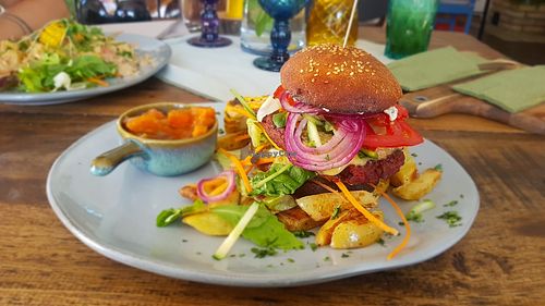 Amazing juicy burger, with quality home potatoes, vegan cheese, delicious! at Burina in Liptovsky Mikulas