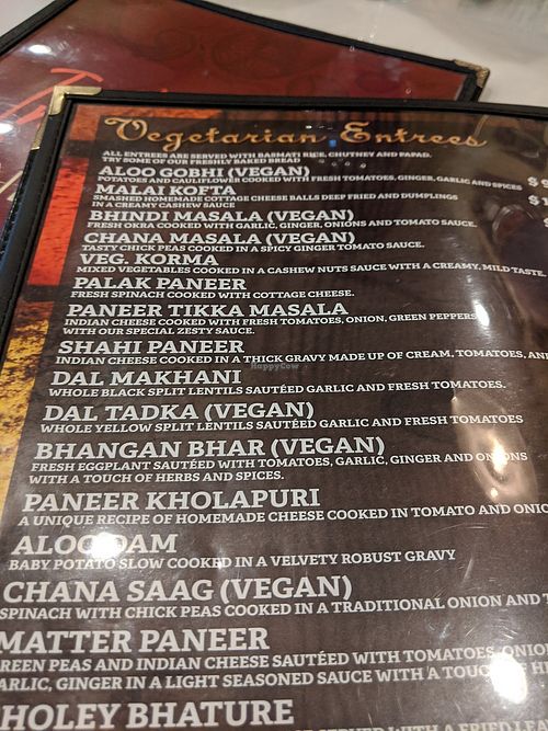 Menu at Moon India in Indianapolis