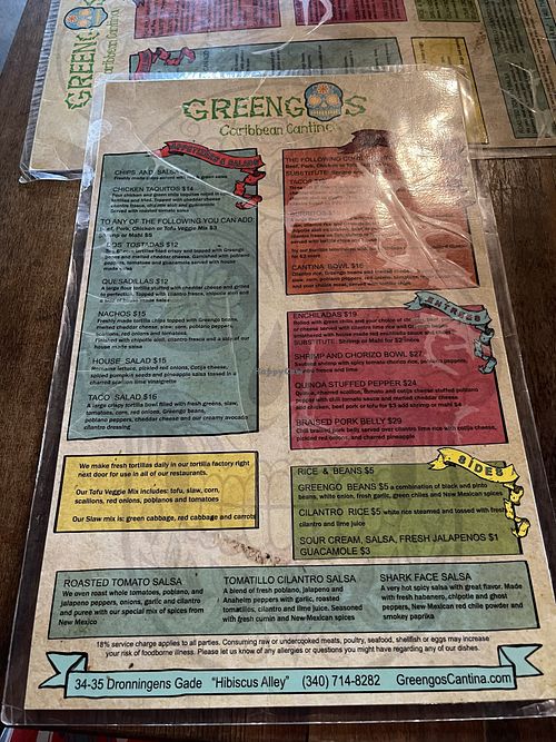 Menu  at Greengos Caribbean Cantina in St Thomas