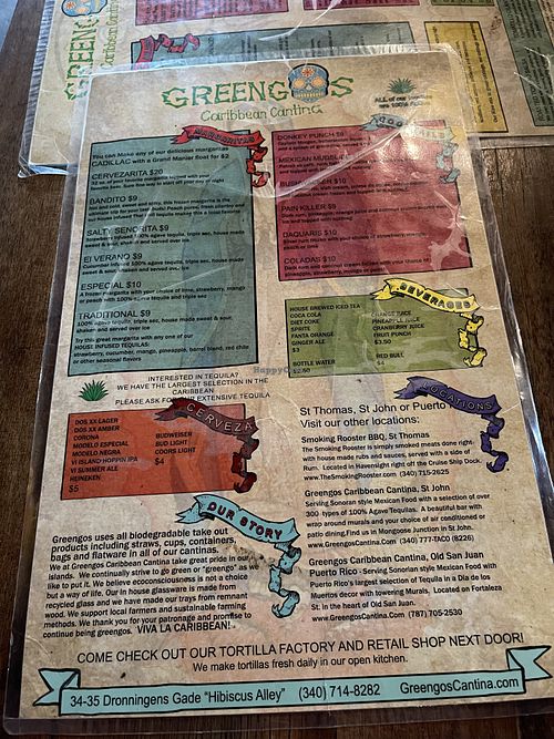 Menu  at Greengos Caribbean Cantina in St Thomas