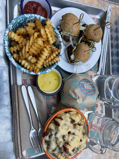 Curry fries, chili cheese fries, sliders, cheeseburger   at Lekka Burger in New York City