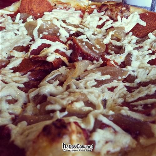 veggie pepperoni & caramelized onion pizza. at Peace o' Pie in Allston