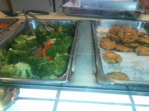 Sunday brunch buffet. Broccoli with peppers & onions, vegan sausage patties. Good patties. Broccoli over cooked, tasty yet borderline soggy. at Soul Vegetarian - South in Atlanta