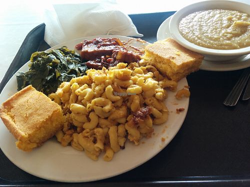 Comfort food at its best! Lunch plate. BarBQ tofu, collard greens, Mac & cheese (voted best mac & cheese in ATL), cornbread, and lentil soup.  at Soul Vegetarian - South in Atlanta