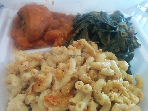 Veggie platter for later; be prepared. And you know it's good when it's delicious whether hot or cold.
Sweet potatoes, collard greens, mac & cheese; vegan comfort... at Soul Vegetarian - South in Atlanta