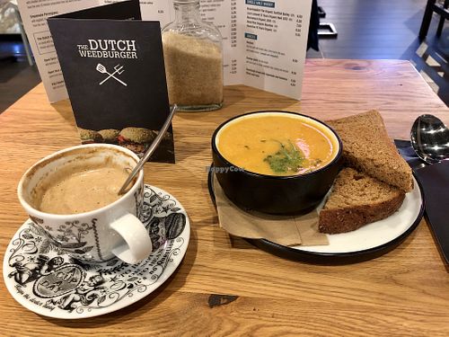 Pumpkin soup and cappuccino (both vegan) at Digters in Amsterdam