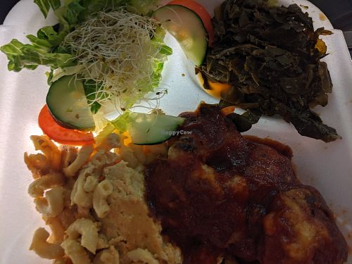 Combo plate, with side salad, Mac & cheese, BarBQ cauliflower, collards at Soul Vegetarian - Highland in Atlanta