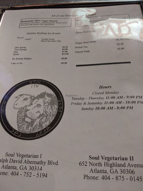 Menu at Soul Vegetarian - Highland in Atlanta
