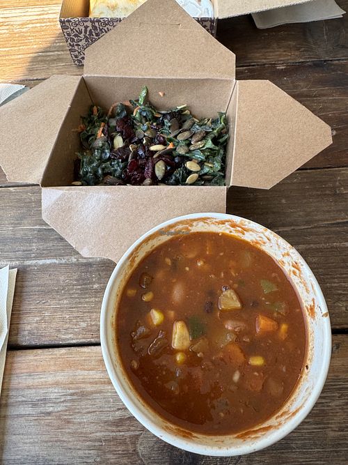 Vegan Kale salad & Vegan Chili  at Laughing Planet Cafe - Gabriel Park in Portland