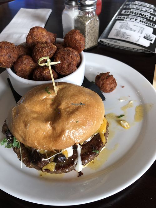 Mushroom burger impossible, sub vegan cheese, with vegan bun and truffle mayo… awesome !  at Victoria's Tavern in Regina