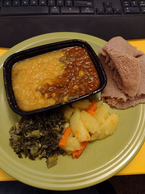 Yellow and green stews, potato and carrot stew, kale. at Ambo in Bellingham