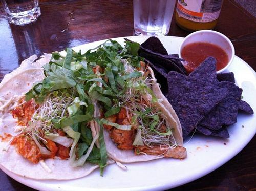 Mock chicken tacos (vegan) at Lotus Cafe and Juice Bar in Encinitas