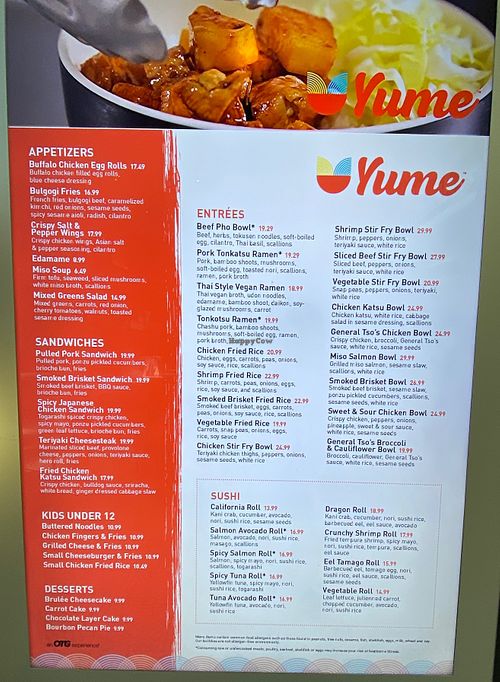 Menu as of 10 Dec 2024 at IAH - Yume Asian Kitchen - TE in Houston