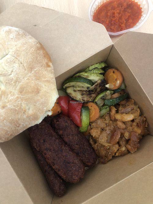 beans sausages, baked baens, grilled vegetables  at Vanderveg in Ljubljana