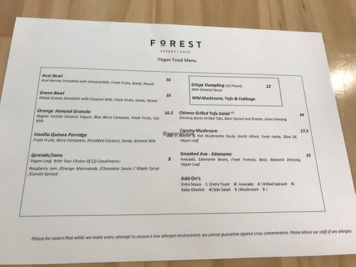 Seperate vegan menu at Forest Eatery Cafe in Auckland