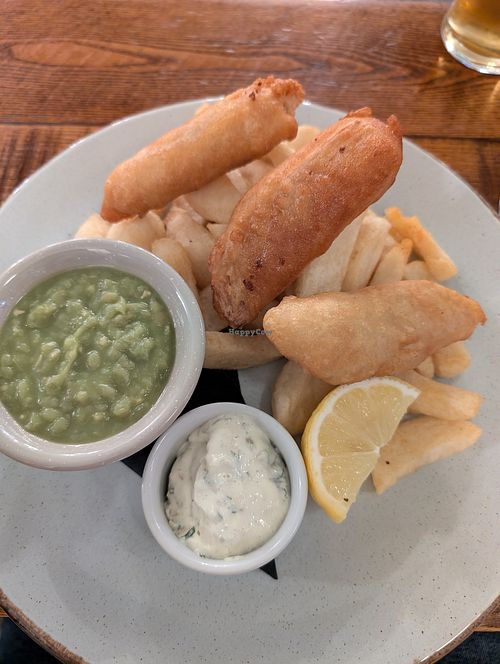 Vegan fish and chips (banana blossom) at The Milton Arms in Barnsley