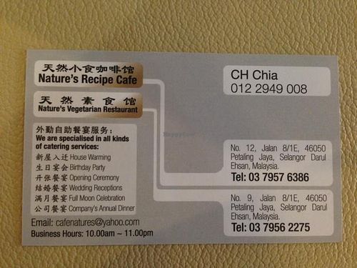Business card at Nature's Vegetarian Restaurant in Petaling Jaya
