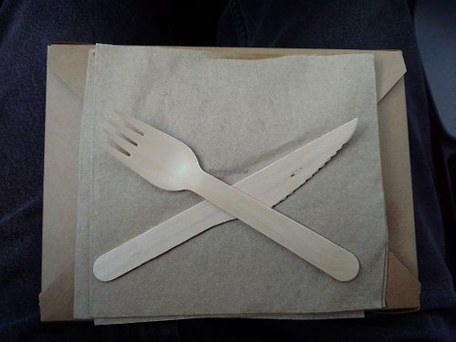 Biodegradable wooden utensils. at Portia's Diner in Clintonville