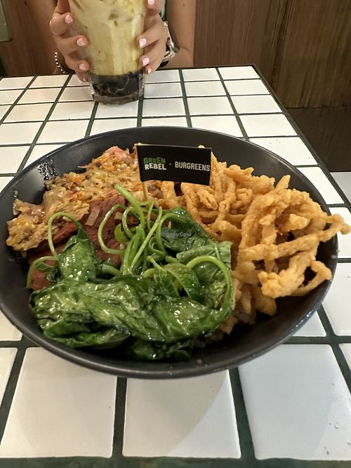 Tasty rice dish with crispy enoki mushrooms  at Burgreens - Oakwood in Jakarta